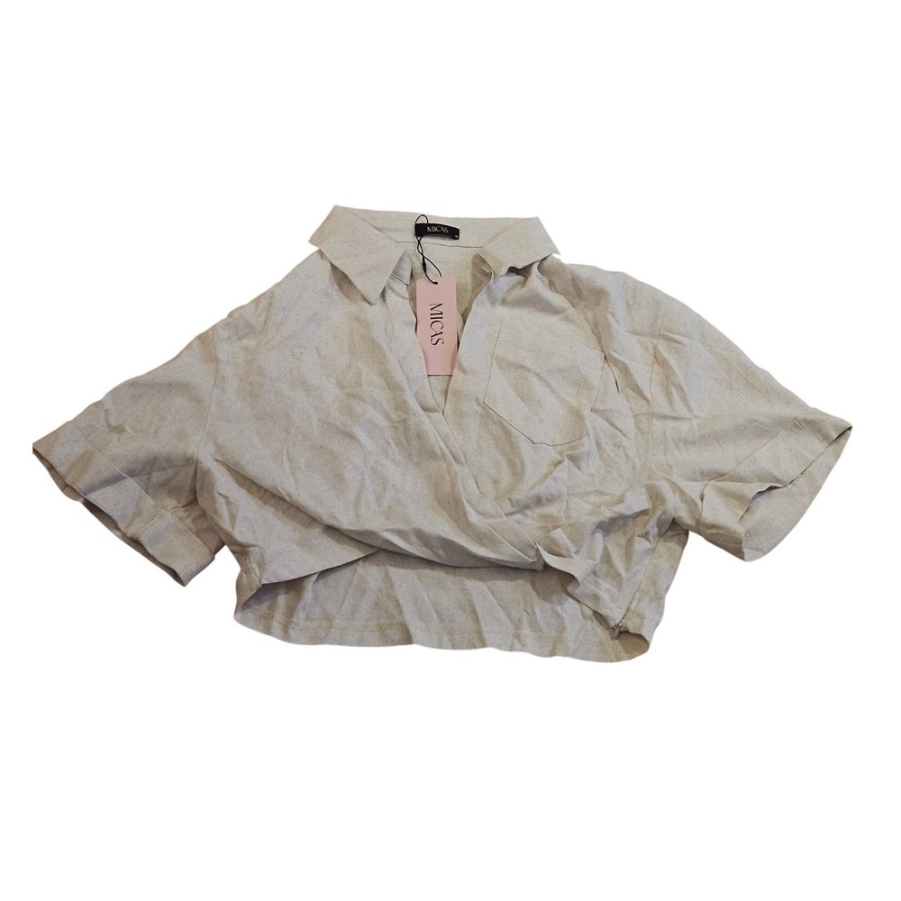 Micas Oatmeal Linen Look Cropped Wrap Blouse Short Sleeve Collared Top XL NWT - Picture 4 of 7